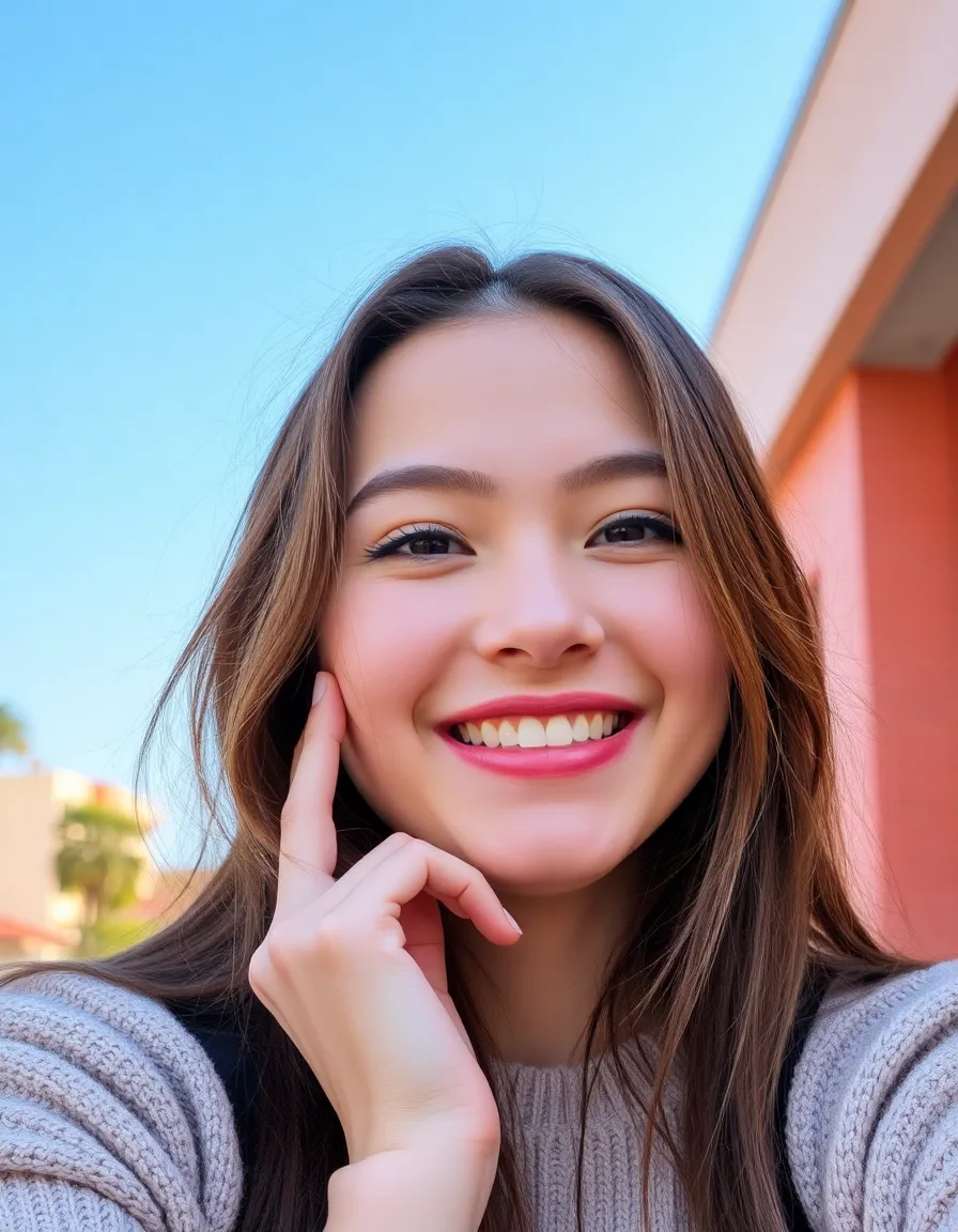 A woman with brown hair is smiling and posing for the camera. She is wearing a sweater and has a beautiful smile on her face.