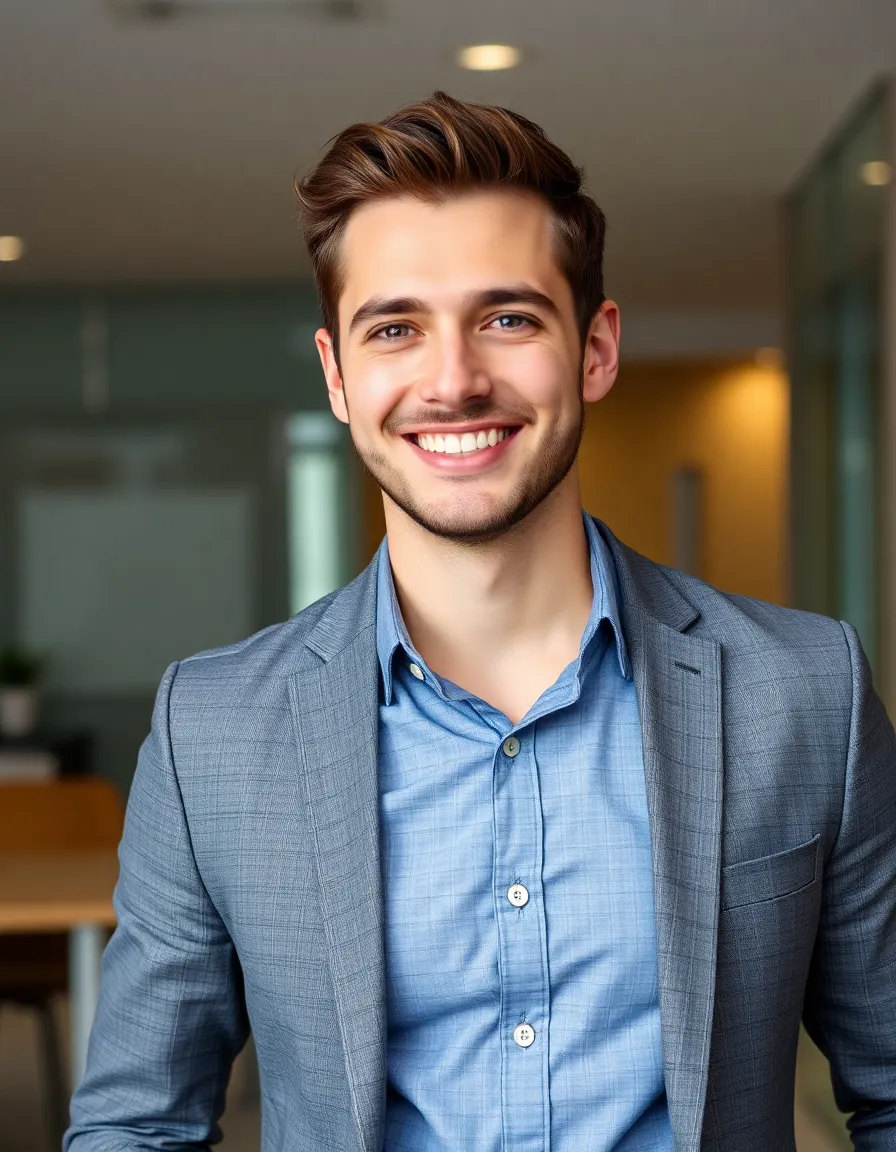 A man wearing a suit and tie is smiling and posing for the camera. He is wearing a blue shirt and a gray jacket, and he is in a professional setting, possibly an office.
